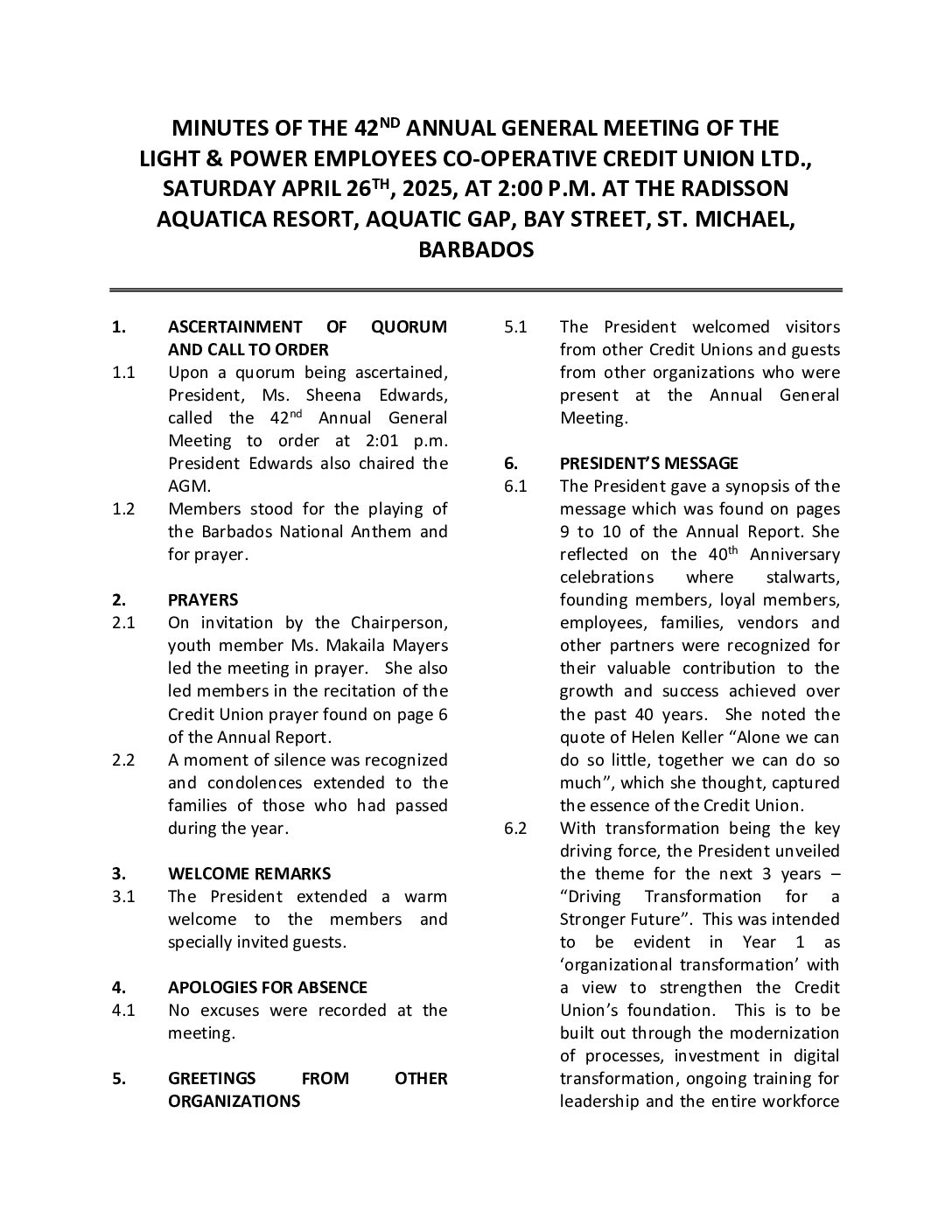 AGM April 26 2025 - Light Power CU 42nd AGM Minutes of LPECCUL 42nd AGM
